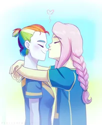 Size: 1280x1560 | Tagged: safe, artist:marstectomy, derpibooru import, fluttershy, rainbow dash, human, ask dashofshyness, braid, eyes closed, female, flutterdash, hug, image, jpeg, kissing, lesbian, motivation, nose kiss, ponytail, shipping, smiling, sports outfit