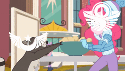 Size: 682x384 | Tagged: safe, derpibooru import, edit, edited screencap, screencap, fluttershy, pinkie pie, smoky, human, raccoon, equestria girls, equestria girls series, holidays unwrapped, spoiler:eqg series (season 2), animated, april fools 2023, blizzard or bust, fight, gif, image