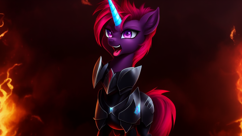 Size: 1024x576 | Tagged: safe, derpibooru import, machine learning assisted, machine learning generated, fizzlepop berrytwist, tempest shadow, pony, unicorn, my little pony: the movie, female, horn, image, mare, open mouth, png, singing, solo, tempest gets her horn back