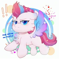 Size: 3100x3100 | Tagged: safe, artist:cannyginger12, derpibooru import, zipp storm, pegasus, pony, angry, chest fluff, cute, exclamation point, female, fluffy, g5, image, jpeg, madorable, mare, simple background, spread wings, wings