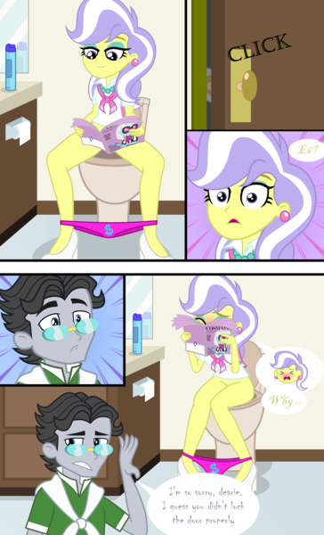 Size: 2000x3300 | Tagged: questionable, artist:lightning_musicwave, derpibooru import, jet set, upper crust, human, equestria girls, air freshener, blushing, but why, clothes, embarrassed, image, implied scat, magazine, panties, panties around legs, panties pulled down, png, shocked, toilet, toilet paper, toilet paper roll, underwear