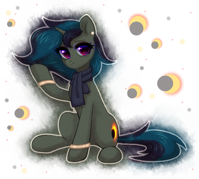 Size: 2556x2300 | Tagged: safe, artist:avrameow, derpibooru import, oc, oc:astrum solus, unofficial characters only, pony, unicorn, clothes, ear piercing, earring, eyeshadow, female, horn, image, jewelry, leg rings, looking at you, makeup, mare, no source available, piercing, png, scarf, sitting, unicorn oc