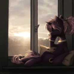 Size: 1733x1749 | Tagged: safe, artist:avrameow, derpibooru import, oc, oc:tenebris flux, unofficial characters only, unicorn, ear piercing, earring, horn, image, jewelry, leg rings, looking out the window, no source available, piercing, pillow, png, ponytail, real life background, unicorn oc, window
