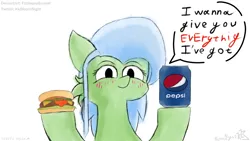 Size: 1920x1080 | Tagged: safe, artist:fizzlepopsunset, derpibooru import, oc, unofficial characters only, pony, burger, drink, female, food, hamburger, image, pepsi, png, simple background, soda, solo, white background