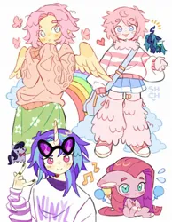 Size: 1536x1980 | Tagged: safe, artist:sharpycharot, derpibooru import, fluttershy, octavia melody, pinkie pie, queen chrysalis, vinyl scratch, oc, oc:fluffle puff, changeling, changeling queen, earth pony, human, alternate hairstyle, clothes, female, horn, horned humanization, humanized, image, jpeg, pinkamena diane pie, winged humanization, wings, zettai ryouiki