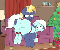 Size: 3080x2572 | Tagged: suggestive, artist:blitzyflair, derpibooru import, star tracker, oc, oc:plush pillow, earth pony, pony, canon x oc, christmas, christmas tree, earth pony oc, fat ass, feral, gay, holiday, image, large butt, male, no source available, png, present, ribbon, sitting, tied up, tree, ugh, unwilling