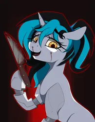 Size: 2731x3500 | Tagged: safe, derpibooru import, oc, oc:flawless ice, cyborg, pony, unicorn, blood, commission, image, knife, png, solo, yandere, ych result