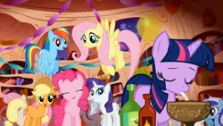 Size: 1280x720 | Tagged: safe, screencap, applejack, fluttershy, pinkie pie, rainbow dash, rarity, twilight sparkle, earth pony, pegasus, unicorn, friendship is magic, color correction, drinking straw, eyes closed, image, jpeg, mane six, punch (drink), punch bowl