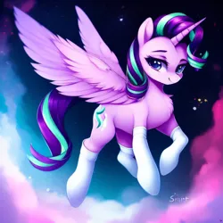 Size: 2048x2048 | Tagged: safe, derpibooru import, machine learning generated, purplesmart.ai, stable diffusion, starlight glimmer, alicorn, pony, abstract background, alicornified, chest fluff, clothes, female, image, mare, png, race swap, socks, solo, spread wings, starlicorn, wings, xk-class end-of-the-world scenario