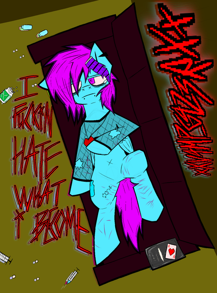 Size: 1210x1633 | Tagged: semi-grimdark, artist:xxv4mp_g4z3rxx, derpibooru import, oc, oc:laughing gas, unofficial characters only, pegasus, pony, cocaine, derpibooru exclusive, drugs, fishnet clothing, heart locket, image, locket, mane extentions, needle, nitrous, piercing, pill bottle, pills, playing card, png, signature, solo, syringe, text, vent art