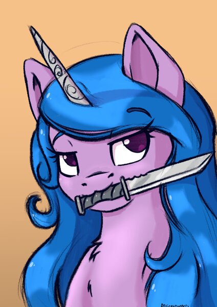 Size: 2480x3508 | Tagged: safe, artist:db, derpibooru import, izzy moonbow, pony, unicorn, g5, image, jpeg, knife, mouth hold, solo