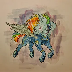 Size: 4096x4060 | Tagged: safe, artist:sacklumi, derpibooru import, rainbow dash, pegasus, pony, image, jpeg, simple background, solo, traditional art