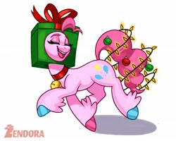 Size: 2048x1638 | Tagged: safe, artist:zendora, derpibooru import, pinkie pie, earth pony, pony, bell, bell collar, christmas, christmas lights, collar, colored hooves, eyes closed, holiday, image, jpeg, present, silly, simple background, smiling, solo, string lights, white background