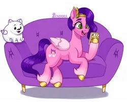 Size: 2048x1638 | Tagged: safe, artist:zendora, derpibooru import, cloudpuff, pipp petals, dog, pegasus, pomeranian, pony, adorapipp, couch, cute, female, flying pomeranian, g5, happy, image, jewelry, jpeg, male, mare, mobile phone, open mouth, open smile, phone, princess pipp, simple background, smartphone, smiling, tiara, white background, winged dog, wings