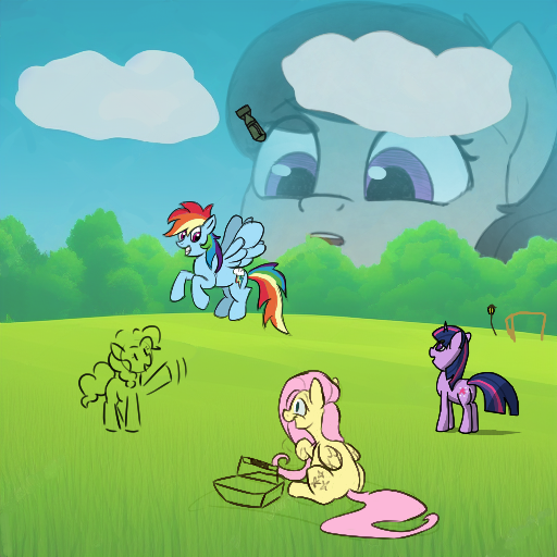 Size: 512x512 | Tagged: artist needed, safe, artist:zippysqrl, derpibooru import, fluttershy, octavia melody, pinkie pie, rainbow dash, twilight sparkle, earth pony, pegasus, unicorn, aggie.io, basket, bomb, bush, cloud, field, grass, image, macro, multiple artists, picnic basket, png, size difference, sketch, sky, unicorn twilight, weapon