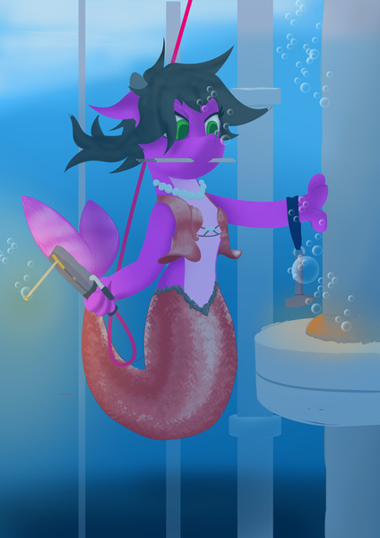 Size: 2894x4093 | Tagged: safe, artist:dianetgx, derpibooru import, oc, oc:diane tgx, unofficial characters only, dracony, dragon, hybrid, merpony, belly dancer outfit, biting, bra, bracelet, clothes, female, fish tail, hammer, harem outfit, image, jewelry, jpeg, midriff, necklace, pearl necklace, solo, tail, underwater, underwear, vest, water, welding