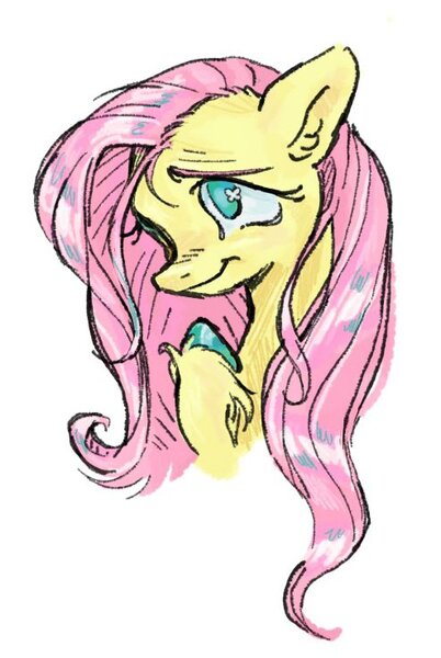 Size: 494x737 | Tagged: safe, artist:sacklumi, derpibooru import, fluttershy, pony, bust, colored hooves, female, image, jpeg, mare, portrait, raised hoof, simple background, smiling, solo, stray strand, three quarter view, unshorn fetlocks, white background