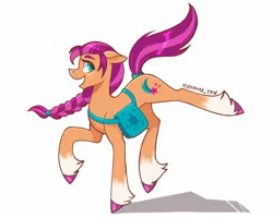 Size: 2048x1638 | Tagged: safe, artist:zendora, derpibooru import, sunny starscout, earth pony, pony, bag, coat markings, female, g5, image, jpeg, mare, open mouth, open smile, profile, pronking, saddle bag, shadow, signature, simple background, smiling, socks (coat marking), solo, unshorn fetlocks, white background