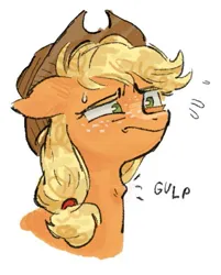 Size: 419x522 | Tagged: safe, artist:sacklumi, derpibooru import, applejack, earth pony, pony, applejack's hat, cowboy hat, emanata, gulp, hat, image, jpeg, nervous, simple background, solo, sweat, sweatdrops, white background