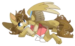 Size: 4096x2518 | Tagged: safe, artist:cutepencilcase, derpibooru import, oc, oc:buttercup, unofficial characters only, pegasus, behaving like a dog, chewing, clothes, eating, image, png, shoes, simple background, solo, transparent background