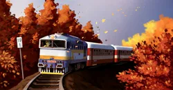 Size: 2860x1500 | Tagged: safe, artist:28gooddays, derpibooru import, oc, oc:beamshot, unofficial characters only, earth pony, pony, autumn, detailed background, image, jpeg, leaves, railroad, scenery, solo, train