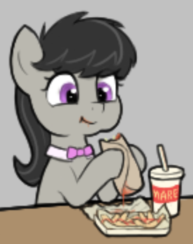 Size: 275x347 | Tagged: safe, artist:zippysqrl, derpibooru import, octavia melody, aggie.io, bowtie, burrito, food, french fries, hoof hold, image, messy eating, milkshake, picture for breezies, png, simple background