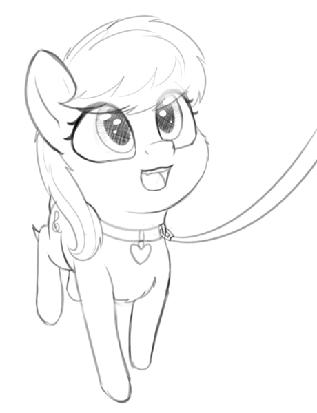 Size: 1503x1959 | Tagged: safe, artist:zippysqrl, derpibooru import, octavia melody, earth pony, pony, :3, chest fluff, collar, female, grayscale, happy, high angle, image, leash, looking up, monochrome, open mouth, pet, pet collar, png, pony pet, simple background, sketch, solo, white background