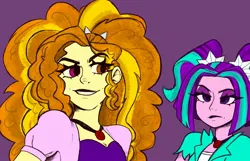 Size: 1972x1272 | Tagged: safe, artist:indigohatetrain, derpibooru import, adagio dazzle, aria blaze, equestria girls, duo, female, image, jpeg, purple background, simple background