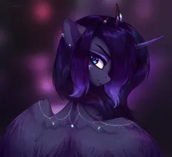 Size: 1280x1170 | Tagged: safe, artist:shenki, derpibooru import, princess luna, alicorn, pony, blue eyes, blue mane, crown, digital art, ethereal mane, eyeshadow, fangs, female, flowing mane, horn, image, jewelry, jpeg, looking at you, makeup, mare, necklace, purple background, regalia, simple background, solo, sparkles, starry mane, stars, wings