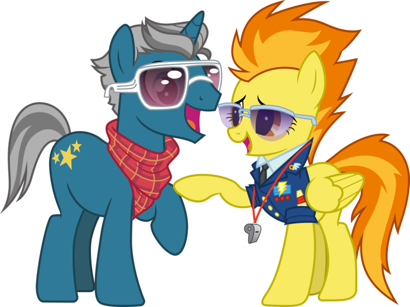 Size: 5534x4139 | Tagged: safe, artist:cloudyglow, artist:dusk2k, derpibooru import, edit, vector edit, fashion plate, spitfire, pegasus, pony, unicorn, canterlot boutique, season 5, wonderbolts academy, .svg available, absurd resolution, bandana, clothes, drill sergeant, duo, duo male and female, female, fireplate, high res, image, male, necktie, png, raised hoof, shipping, show accurate, simple background, smiling, straight, sunglasses, transparent background, uniform, vector, whistle, whistle necklace, wonderbolts dress uniform