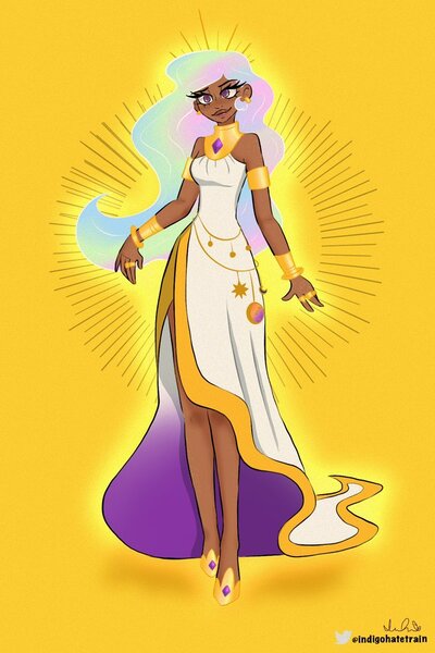 Size: 682x1024 | Tagged: safe, artist:indigohatetrain, derpibooru import, princess celestia, human, alternate hairstyle, clothes, dark skin, dress, ear piercing, earring, female, humanized, image, jewelry, jpeg, piercing, ring, solo