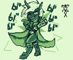 Size: 882x720 | Tagged: safe, artist:damset, derpibooru import, oc, oc:da-mset, unofficial characters only, changeling, cloak, clothes, image, jojo pose, monochrome, ms paint, one eye, pixel art, png, simple background, taunting, ы"