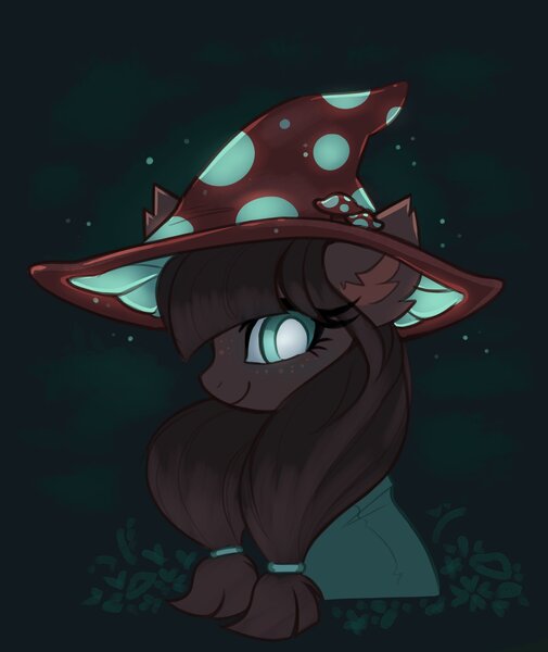 Size: 2681x3183 | Tagged: safe, artist:confetticakez, derpibooru import, oc, unofficial characters only, pony, brown fur, brown mane, clothes, dark background, ear fluff, female, freckles, green eyes, hat, image, jpeg, mare, mushroom, mushroom hat, robe