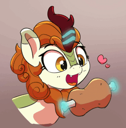 Size: 1180x1200 | Tagged: safe, artist:pabbley, derpibooru import, edit, autumn blaze, kirin, animated, awwtumn blaze, biting, bust, chomp, cute, cute little fangs, eating, exclamation point, eyes closed, fangs, female, floating heart, floppy ears, food, gif, gradient background, heart, image, levitation, magic, meat, nom, omnivore, open mouth, open smile, ponies eating meat, smiling, solo, telekinesis, two-frame gif