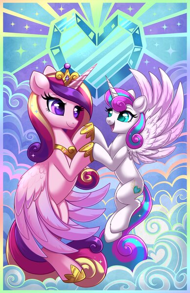 Size: 2650x4096 | Tagged: safe, artist:confetticakez, derpibooru import, princess cadance, princess flurry heart, alicorn, pony, duo, female, holding hooves, image, jpeg, looking at each other, looking at someone, mother and child, mother and daughter, older, older flurry heart, open mouth, open smile, smiling, smiling at each other