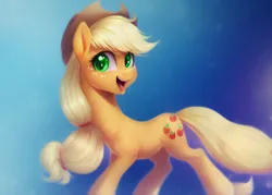 Size: 896x640 | Tagged: safe, derpibooru import, machine learning assisted, machine learning generated, applejack, earth pony, pony, female, gradient background, image, looking at you, mare, png, slim, smiling, solo