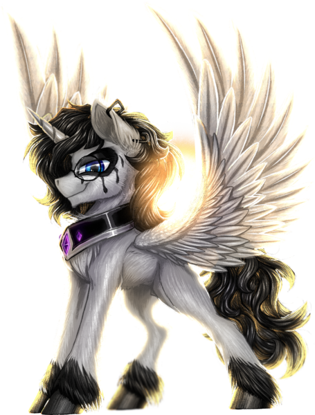 Size: 1560x2057 | Tagged: safe, artist:thatonegib, derpibooru import, oc, oc:noir, unofficial characters only, alicorn, alicorn oc, glasses, horn, image, looking at you, png, smiling, solo, spread wings, unshorn fetlocks, wings