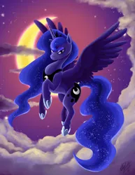 Size: 989x1280 | Tagged: safe, artist:millyd13, derpibooru import, princess luna, alicorn, pony, blue eyes, blue mane, blue tail, cloud, concave belly, crepuscular rays, crescent moon, crown, digital art, ethereal mane, ethereal tail, eyeshadow, feather, female, flowing mane, flowing tail, flying, hoof shoes, horn, image, jewelry, jpeg, lidded eyes, long mane, long tail, looking at you, makeup, mare, moon, moonlight, peytral, princess shoes, regalia, signature, sky, smiling, smiling at you, solo, sparkles, spread wings, starry mane, starry tail, stars, tail, wings