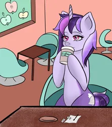 Size: 1500x1700 | Tagged: safe, artist:ichigokres, derpibooru import, snips, oc, oc:dreaming bell, unofficial characters only, pony, unicorn, belly, chair, coffee, coffee mug, commission, cute, drinking, female, horn, image, jpeg, mare, mug, ocbetes, restaurant, rule 63, sitting, solo, solo female, spoon, sugar, table, two toned coat
