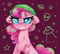 Size: 2276x2070 | Tagged: safe, artist:confetticakez, derpibooru import, pinkie pie, alien, earth pony, pony, female, grin, image, jpeg, smiling, ufo