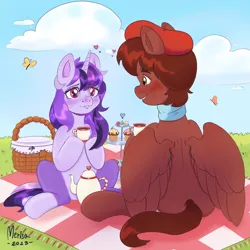 Size: 3000x3000 | Tagged: safe, artist:merisa, derpibooru import, oc, oc:autumn rosewood, oc:dreaming bell, unofficial characters only, butterfly, insect, pegasus, pony, unicorn, basket, beret, blushing, clothes, cookie, cup, female, food, grass, hat, horn, image, looking at each other, looking at someone, male, mare, muffin, outdoors, picnic, picnic basket, picnic blanket, png, scarf, sitting, stallion, teacup, teapot, two toned coat, wings