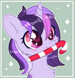 Size: 2634x2720 | Tagged: safe, artist:sarahsuresh-art, derpibooru import, oc, oc:dreaming bell, unofficial characters only, pony, unicorn, candy, candy cane, christmas, commission, cute, female, food, happy, hearts warming day, holiday, horn, image, mare, ocbetes, png, solo, unicorn oc, ych result