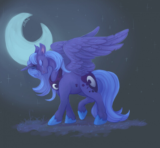 Size: 1280x1187 | Tagged: safe, artist:splooto, derpibooru import, princess luna, alicorn, pony, blue mane, blue tail, crescent moon, crying, digital art, eyes closed, eyeshadow, female, grass, gray background, hoof shoes, horn, image, jpeg, makeup, mare, moon, night, peytral, raised hoof, sad, simple background, solo, sparkles, stars, tail, walking, wings