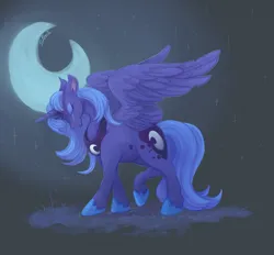 Size: 1280x1187 | Tagged: safe, artist:splooto, derpibooru import, princess luna, alicorn, pony, blue mane, blue tail, crescent moon, crying, digital art, eyes closed, eyeshadow, female, grass, gray background, hoof shoes, horn, image, jpeg, makeup, mare, moon, night, peytral, raised hoof, sad, simple background, solo, sparkles, stars, tail, walking, wings