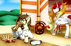 Size: 3380x2196 | Tagged: safe, artist:thebenalpha, derpibooru import, daybreaker, oc, oc:calpain, alicorn, earth pony, alternate universe, churros, eating, food, food truck, image, png, ryoku verse, soda can, the burning snack