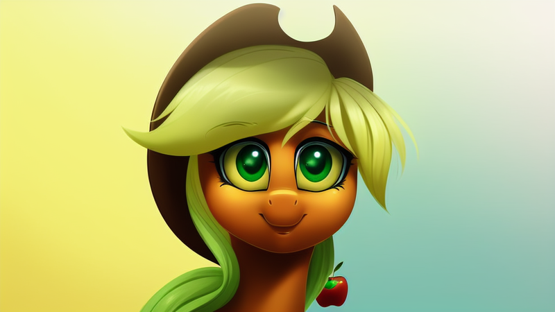 Size: 1024x576 | Tagged: safe, derpibooru import, machine learning assisted, machine learning generated, applejack, earth pony, pony, bust, female, gradient background, image, mare, png, portrait, smiling, solo