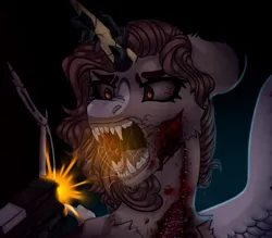 Size: 4000x3500 | Tagged: grimdark, artist:medkit, derpibooru import, oc, unofficial characters only, alicorn, pony, aggressive, alicorn oc, angry, art trade, black background, blaze (coat marking), bleeding, blood, blood splatter, blood stains, bloodshot eyes, blue light, bone, brown mane, bust, chest fluff, coat markings, colored sketch, colored wings, cracks, crystal, crystallized horn, curly mane, dark, dark crystal, ear fluff, eyebrows, eyelashes, eyes open, facial markings, fangs, feather, feathered wings, female, flesh, floppy ears, fluffy, gums, gun, high res, horn, image, injured, long horn, looking at someone, mare, metal, old art, open mouth, open wound, paint tool sai 2, pinpoint eyes, png, portrait, roar, short mane, shot, simple background, skeleton, sketch, slit pupils, solo, spit, spread wings, standing, staples, teeth, thick eyebrows, three quarter view, tongue out, torn, wall of tags, weapon, wings