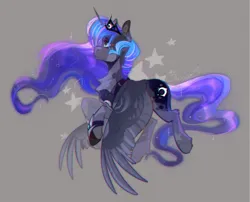 Size: 1280x1036 | Tagged: safe, artist:swoopypoolin, derpibooru import, princess luna, alicorn, pony, blue eyes, blue mane, blue tail, chest fluff, crown, ethereal mane, ethereal tail, feather, female, flowing mane, flowing tail, flying, gem, gray background, horn, image, jewelry, jpeg, mare, regalia, sad, simple background, solo, sparkles, spread wings, stars, tail, wings