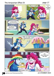 Size: 2726x3802 | Tagged: safe, artist:atariboy2600, artist:bluecarnationstudios, derpibooru import, pinkie pie, rainbow dash, human, comic:the amazonian effect, comic:the amazonian effect iv, equestria girls, breasts, busty rainbow dash, canterlot high, clothes, cupcake, female, food, image, muscles, muscular female, png, rainbuff dash, shoes