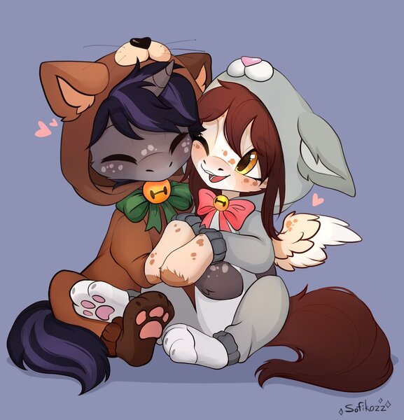 Size: 1153x1200 | Tagged: safe, artist:sofiko-ko, derpibooru import, oc, unofficial characters only, pegasus, unicorn, animal costume, bell, blushing, bunny costume, clothes, commission, costume, cute, hug, image, jpeg, kigurumi, nuzzling, onesie, pajamas, ych result